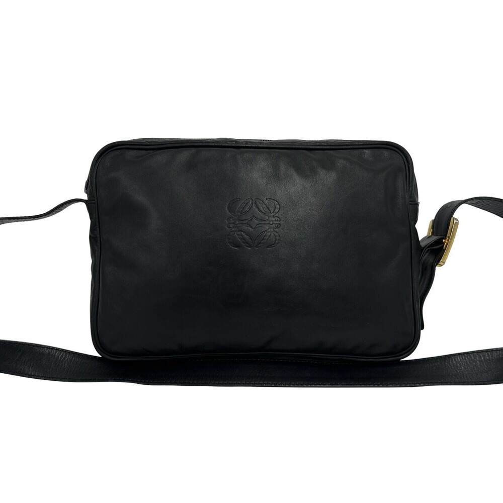 LOEWE Vintage Anagram Logo Leather Shoulder Bag Crossbody Black 64635